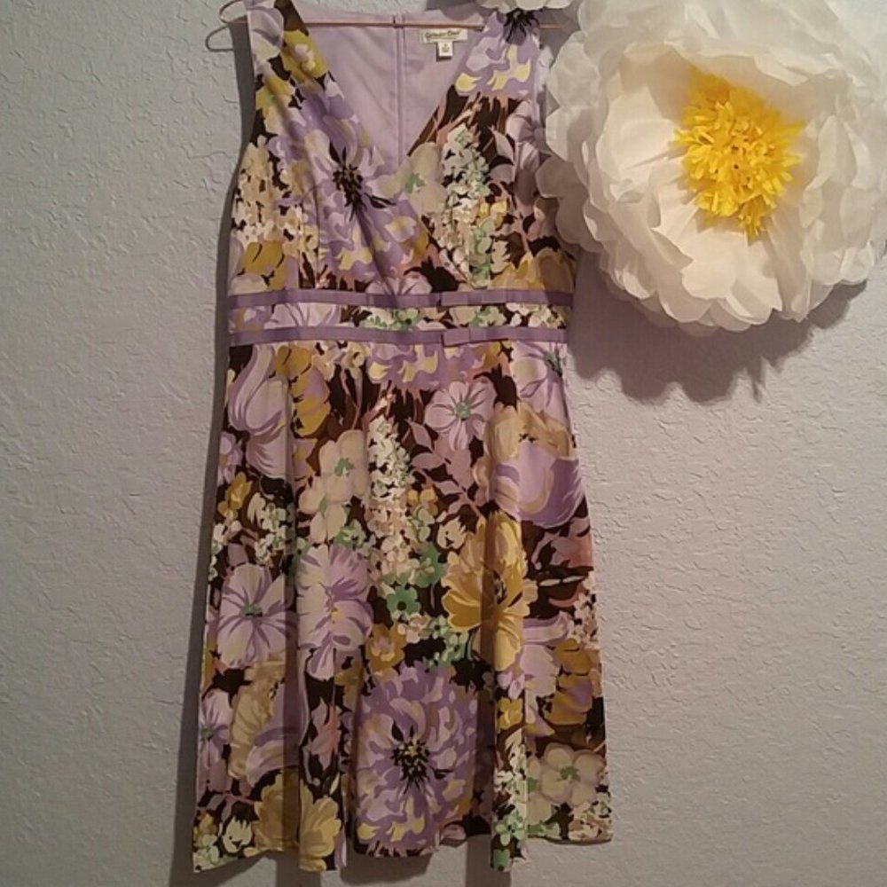 Coldwater Creek NWOT Floral Cotton A-line Center Back Zip V-Neck Dress SZ 14